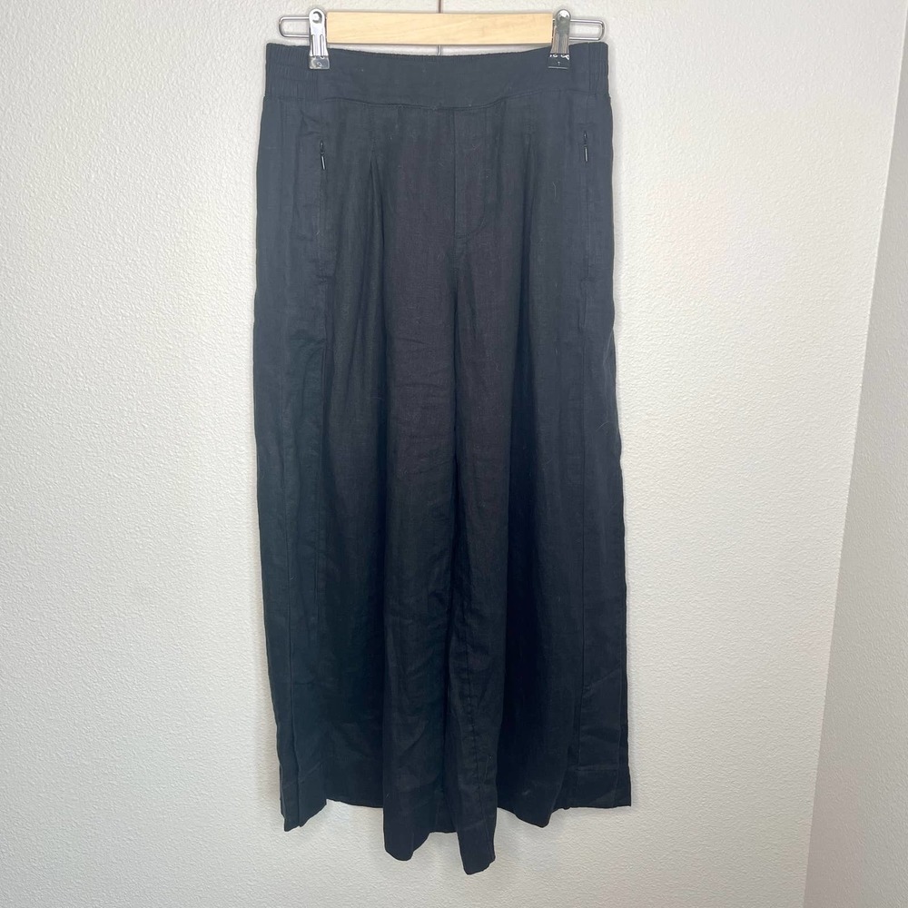 Athleta Playa Black Linen Cropped Flowy Wide Leg Ankle Pull On Pants Size 4